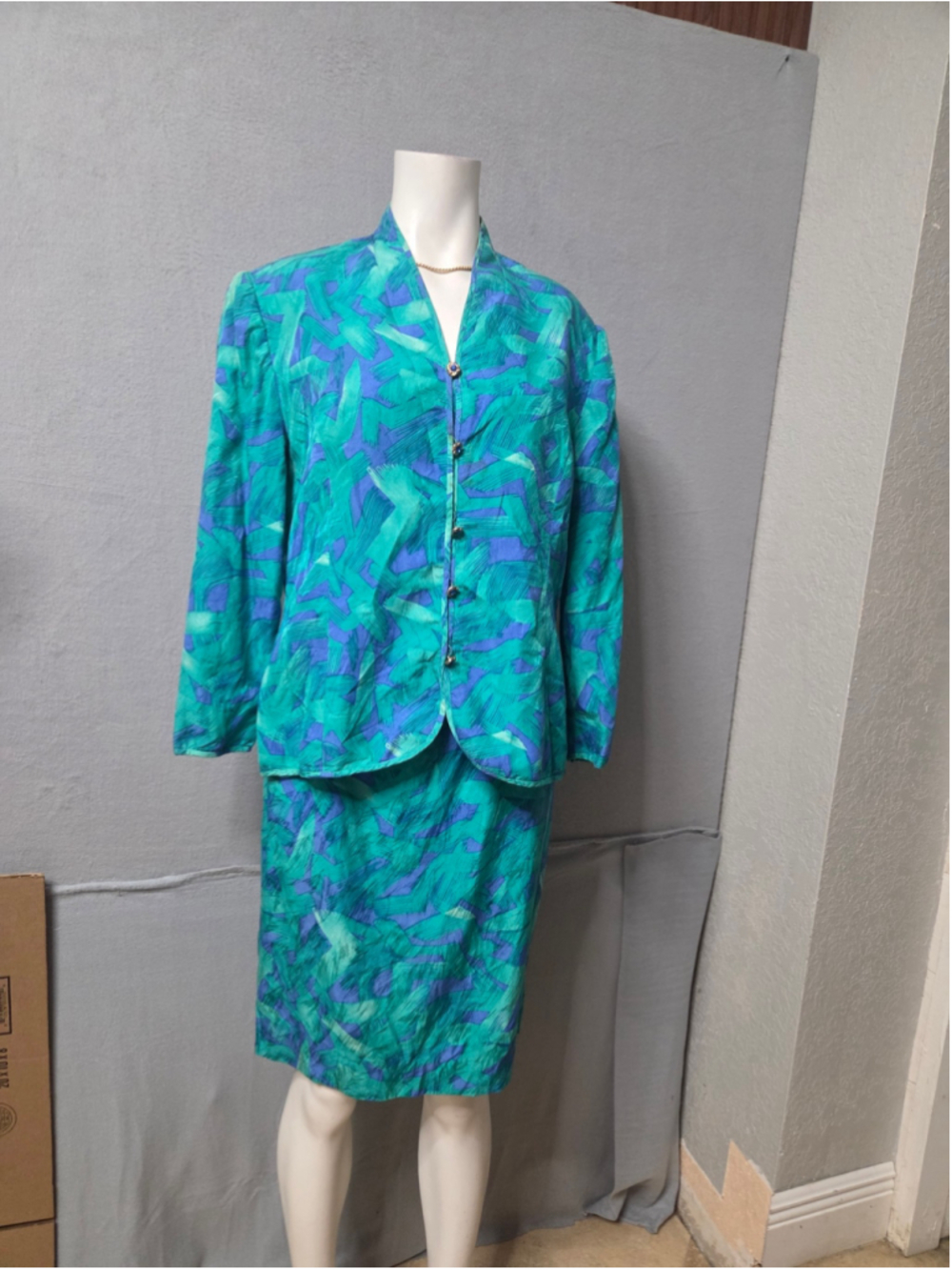 Women's Anne Crimmins Silk Skirt Set Size 14 Green Purple Abstract Print